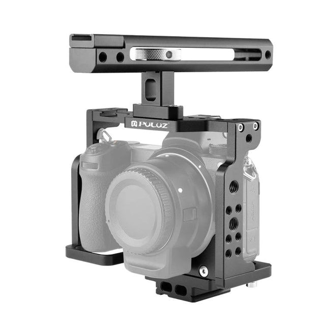 PULUZ Camera Cage for Filmmaking with Handle and Protection shown mounted on Nikon Z6/Z7 with top handle and accessory mounting points