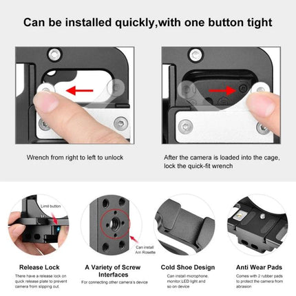 PULUZ Camera Cage for Filmmaking with Handle and Protection showing quick‑fit release lock, screw interfaces and cold shoe design