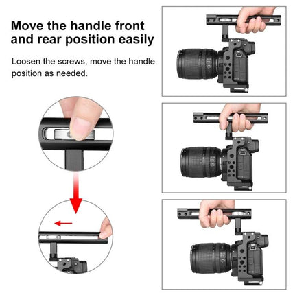 PULUZ Camera Cage for Filmmaking with Handle and Protection showing adjustable top handle positions for Nikon Z6 Z7 with 1/4"-20 screw and rubber pads
