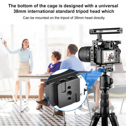 PULUZ Camera Cage for Filmmaking with Handle and Protection mounted on tripod showing secure 1/4"-20 screw and rubber pads