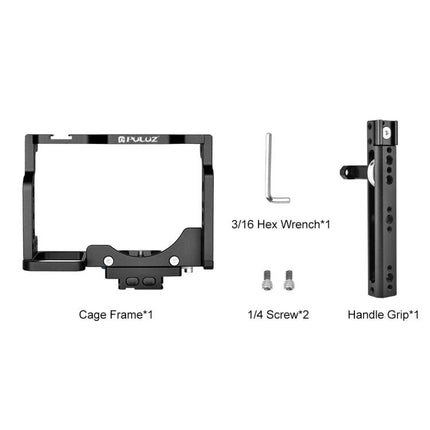 PULUZ Camera Cage for Filmmaking with Handle and Protection showing cage frame, handle grip, 1/4" screws and hex wrench
