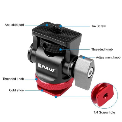 PULUZ Mini 180 Degree Adjustable Tripod Ball Head for Cameras compact adjustable ball head with anti-skid pad, 1/4 screw, threaded knobs and cold shoe