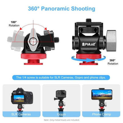 PULUZ Mini 180 Degree Adjustable Tripod Ball Head for Cameras compact ball head showing 180° tilt and 360° rotation for SLR, GoPro, and phone clamp