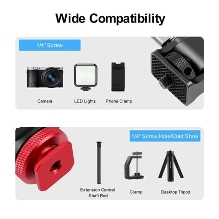 PULUZ Mini 180 Degree Adjustable Tripod Ball Head for Cameras showing wide compatibility with cameras, LED lights, phone clamp, and desktop tripod