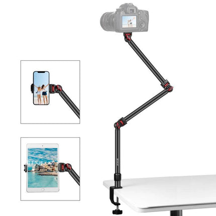 PULUZ Overhead Desk Mount for Video Calls and Meetings showing adjustable arm clamped to desk holding camera, phone, and tablet for overhead shots