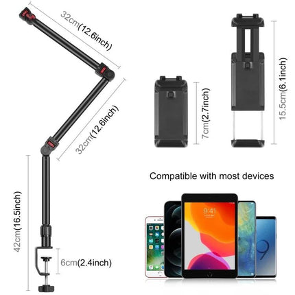 PULUZ Overhead Desk Mount for Video Calls and Meetings adjustable clamp arm with phone tablet holder showing dimensions and compatible devices