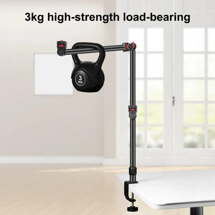 PULUZ Overhead Desk Mount for Video Calls and Meetings showing clamp-on arm holding 3kg weight to demonstrate load capacity