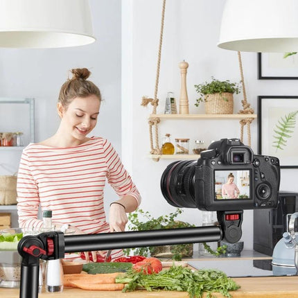 PULUZ Overhead Desk Mount for Video Calls and Meetings positioned over kitchen counter capturing hands-free overhead cooking demo