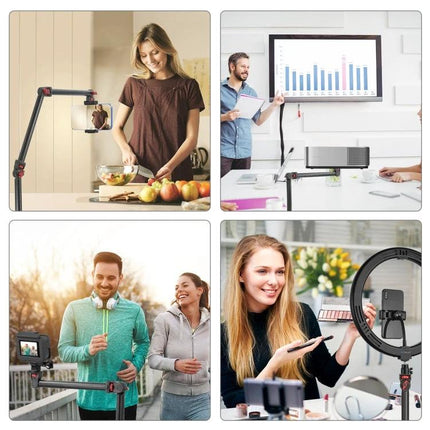 PULUZ Overhead Desk Mount for Video Calls and Meetings positioned overhead for cooking demos, presentations, outdoor vlogs and makeup live streams