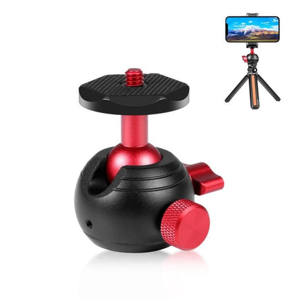 PULUZ 360 Degree Panoramic Metal Tripod Ball Head in Red compact red-and-black metal ball head for smooth panning and tilting, shown with phone mount