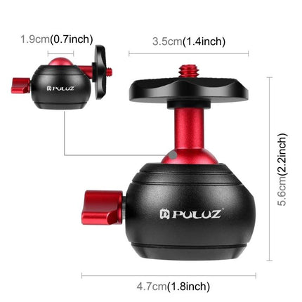 PULUZ 360 Degree Panoramic Metal Tripod Ball Head in Red compact metal ball head for precise panning and tilting, red and black finish, dimensions shown