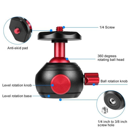 PULUZ 360 Degree Panoramic Metal Tripod Ball Head in Red compact 360° rotating ball head with anti-skid pad and level rotation knob