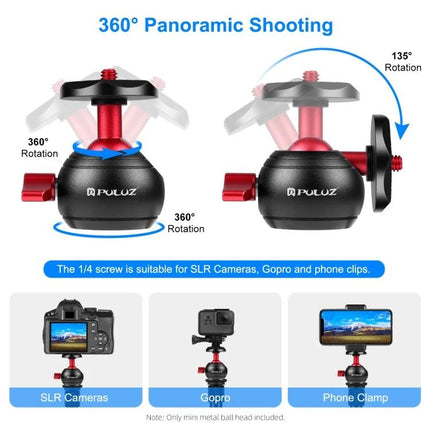 PULUZ 360 Degree Panoramic Metal Tripod Ball Head in Red compact metal ball head for smooth 360° panning and 135° tilt, fits SLR, GoPro, phone clips