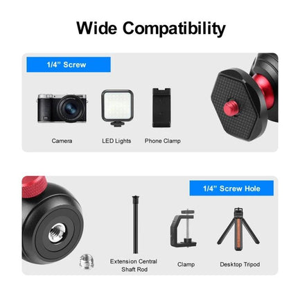 PULUZ 360 Degree Panoramic Metal Tripod Ball Head in Red showing 1/4" screw compatibility with camera, LED lights, phone clamp and desktop tripod
