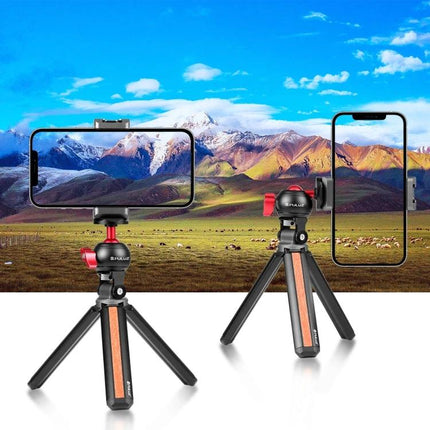PULUZ 360 Degree Panoramic Metal Tripod Ball Head in Red mounted on tabletop tripod holding smartphones for landscape photography