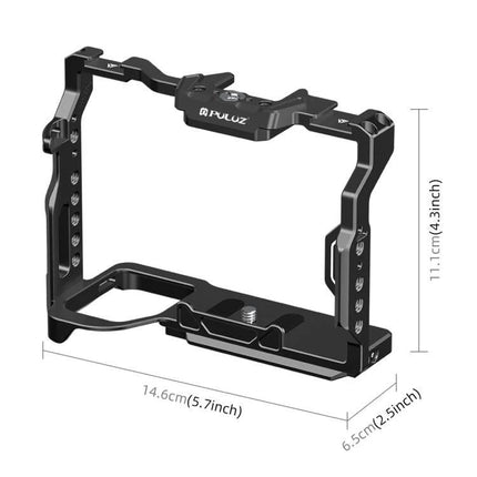 PULUZ Metal Camera Cage for Sony Mirrorless Cameras - black metal frame cage with multiple mounting points and baseplate dimensions