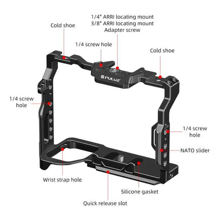 PULUZ Metal Camera Cage for Sony Mirrorless Cameras — black aluminum cage with cold shoes, 1/4 screw holes, NATO slider, quick release slot