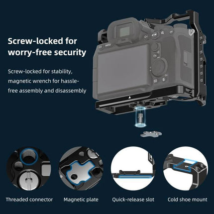 PULUZ Metal Camera Cage for Sony Mirrorless Cameras showing screw‑locked base, threaded connector, magnetic plate, quick‑release slot and cold shoe mount