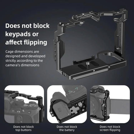 PULUZ Metal Camera Cage for Sony Mirrorless Cameras showing cage that does not block buttons, battery or screen flipping, with cold shoe and tripod mount