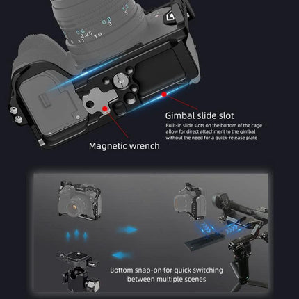 PULUZ Metal Camera Cage for Sony Mirrorless Cameras showing gimbal slide slot, magnetic wrench and bottom snap-on for quick switching