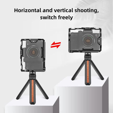 PULUZ Metal Camera Cage for Sony Mirrorless Cameras mounted on mini tripod showing horizontal and vertical shooting options