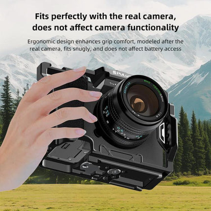 PULUZ Metal Camera Cage for Sony Mirrorless Cameras showing hand gripping cage with lens attached, unobstructed access to buttons and battery