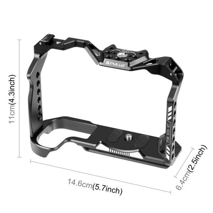 PULUZ Metal Camera Cage for Canon EOS R7 Stabilization Rig showing black aluminum cage with dimensions and mounting points