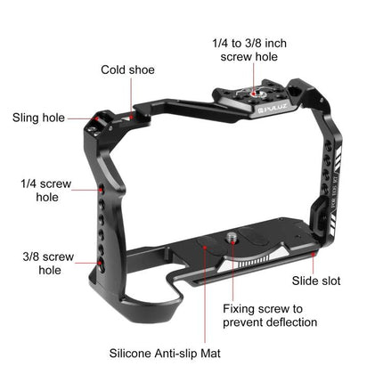 PULUZ Metal Camera Cage for Canon EOS R7 Stabilization Rig metal cage with cold shoe, sling hole, 1/4 and 3/8 screw holes, silicone anti-slip mat