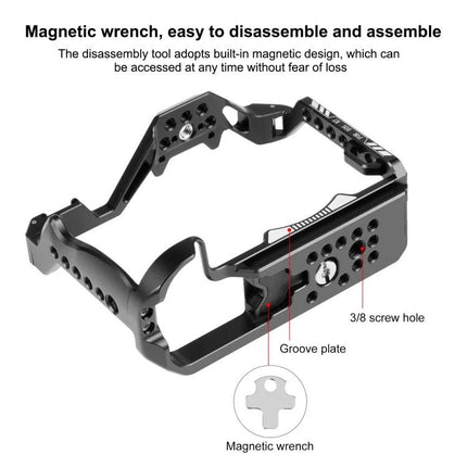 PULUZ Metal Camera Cage for Canon EOS R7 Stabilization Rig shown with magnetic wrench and groove plate for easy assembly and 3/8 screw hole