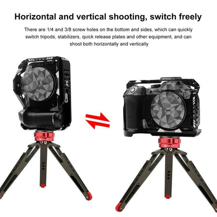 PULUZ Metal Camera Cage for Canon EOS R7 Stabilization Rig mounted on mini tripod showing horizontal and vertical shooting options