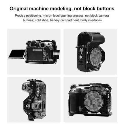 PULUZ Metal Camera Cage for Canon EOS R7 Stabilization Rig showing cage on camera with open ports and accessory mounts