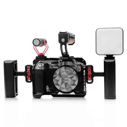 PULUZ Metal Camera Cage for Canon EOS R7 Stabilization Rig with dual handles, top handle, microphone and LED light for stable video shooting