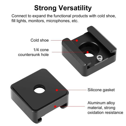 PULUZ Cold Shoe Mount Adapter for Camera Accessories and Lights black aluminum alloy adapter with silicone gasket and 1/4 countersunk hole