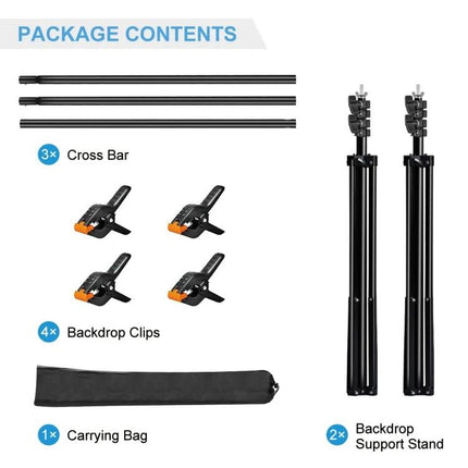 Photo Studio Background Support Stand for 2m Backdrops kit with 2 stands, 3 cross bars, 4 backdrop clips and carrying bag