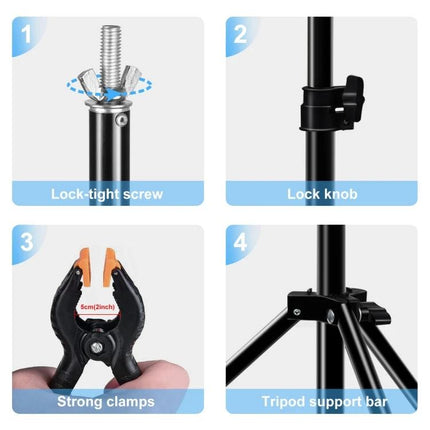 Photo Studio Background Support Stand with 2x3m Crossbar showing lock-tight screw, lock knob, strong clamps, and tripod support bar