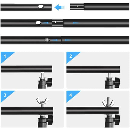 Photo Studio Background Support Stand with 2x3m Crossbar showing black metal crossbar assembly steps and connector pins