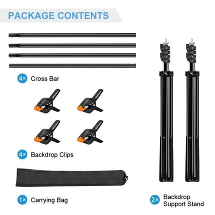 Photo Studio Background Support Stand with 2x3m Crossbar kit showing stands, 4 crossbar pieces, 4 backdrop clips and carrying bag