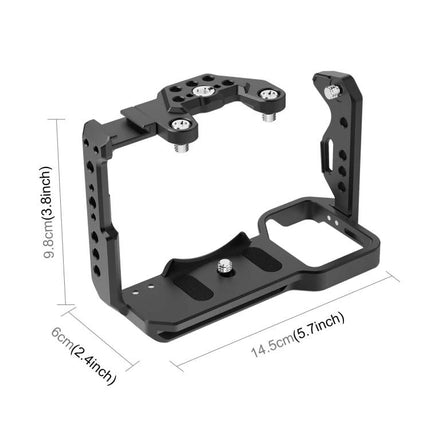 PULUZ Metal Camera Cage Stabilizer Rig with Slider for Video Use showing metal cage with dimensions and mounting points