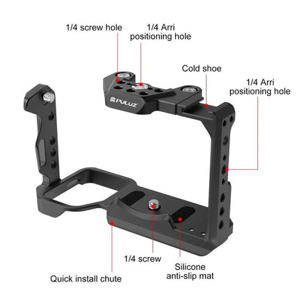 PULUZ Metal Camera Cage Stabilizer Rig with Slider for Video Use - modular Sony FX30 FX3 cage with handles, cold shoe, 1/4 and Arri holes