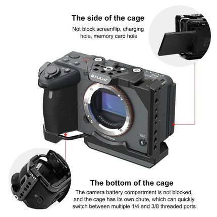 PULUZ Metal Camera Cage Stabilizer Rig with Slider for Video Use - Sony FX30/FX3 modular cage showing side and bottom ports