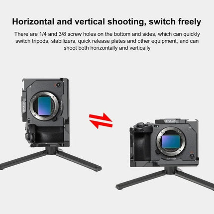 PULUZ Metal Camera Cage Stabilizer Rig with Slider for Video Use - shows horizontal and vertical shooting on a tabletop tripod