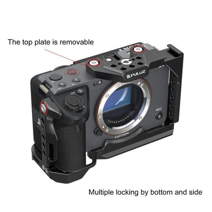 PULUZ Metal Camera Cage Stabilizer Rig with Slider for Video Use showing removable top plate and side/bottom locks on Sony FX3/FX30