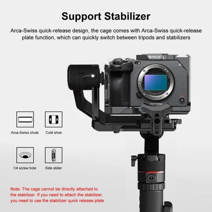 PULUZ Metal Camera Cage Stabilizer Rig with Slider for Video Use mounted on Sony FX3 showing Arca‑Swiss quick‑release and accessories
