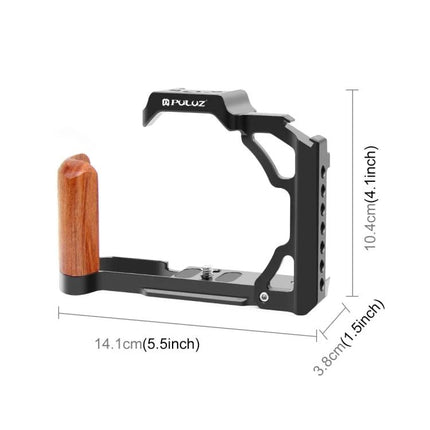 PULUZ Wooden Handle Camera Cage for Stable Videography - aluminum alloy cage with wooden handle and accessory mounting for vlogging and interviews