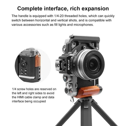 PULUZ Wooden Handle Camera Cage for Stable Videography mounted on tripod with wooden grip, aluminum alloy frame and accessory mounting holes