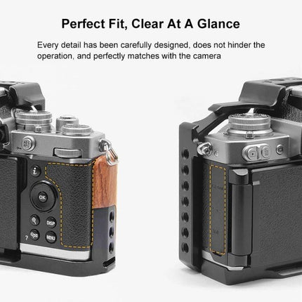 PULUZ Wooden Handle Camera Cage for Stable Videography showing aluminum alloy cage with wooden handle mounted on compact mirrorless camera