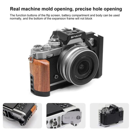 PULUZ Wooden Handle Camera Cage for Stable Videography - aluminum alloy cage with wooden handle mounted on mirrorless camera