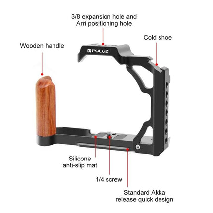 PULUZ Stabilizer Rig with Wood Handle for Nikon ZFC shown with wooden handle, cold shoe, 3/8 expansion hole, silicone mat and 1/4 screw