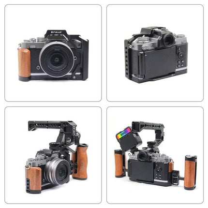 PULUZ Stabilizer Rig with Wood Handle for Nikon ZFC mounted on Nikon ZFC camera showing wooden grip and aluminum alloy cage for stable handheld video