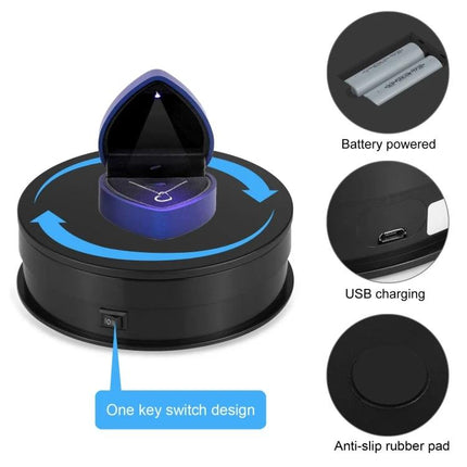 PULUZ 15cm Adjustable Speed Rotating Display Turntable Stand showing black rotating platform with USB charging port and battery option